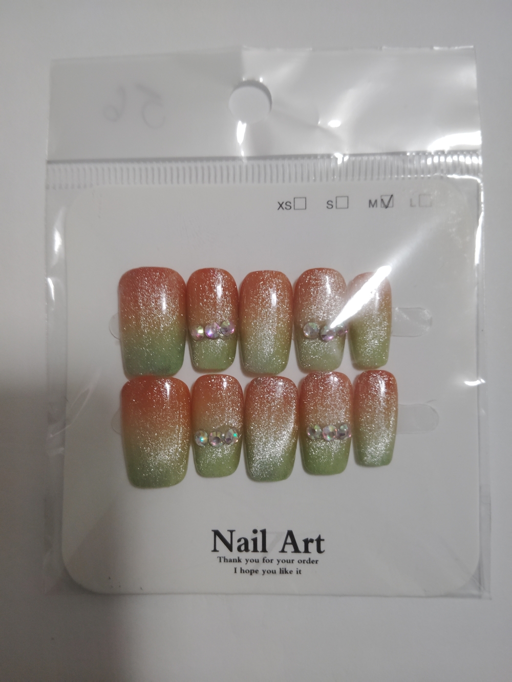 Ombre Green to Peach Press-On Nails with Rhinestones